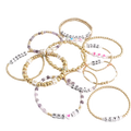Set of personalized beaded bracelets with names on a white background