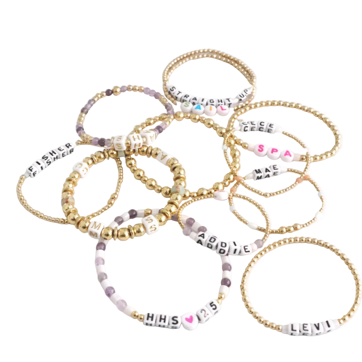 Set of personalized beaded bracelets with names on a white background